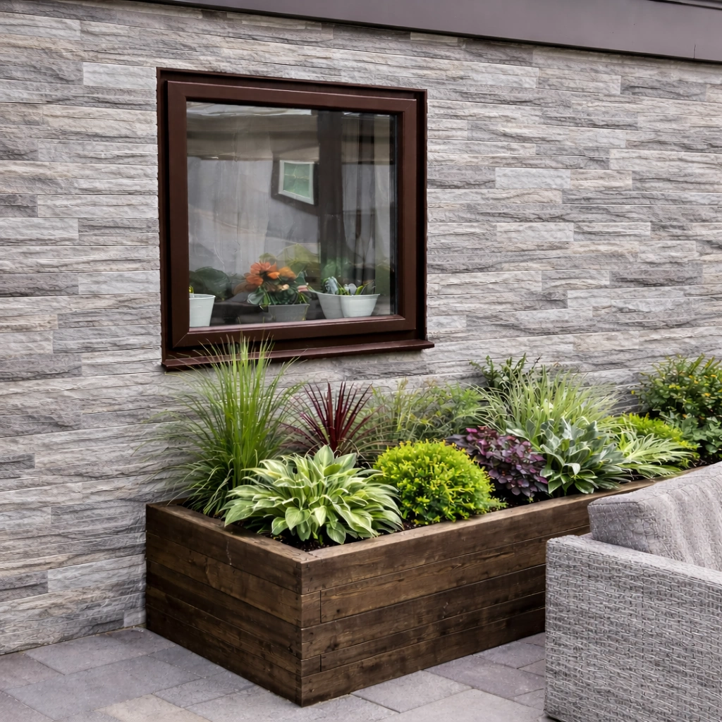 External house wall featuring Alabama Nature porcelain cladding slips behind a wooden planter and garden seating.