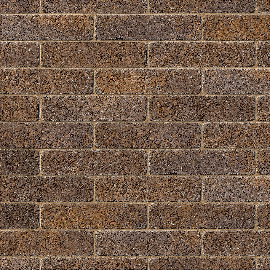 Inish Curragh Gold block paving in a classic stretcher bond pattern with warm gold and earthy brown tones.
